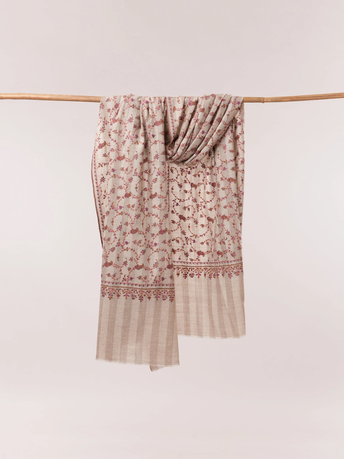 Natural White and Taupe Striped Hand Embroidered Pashmina Shawl Shahkaar.com