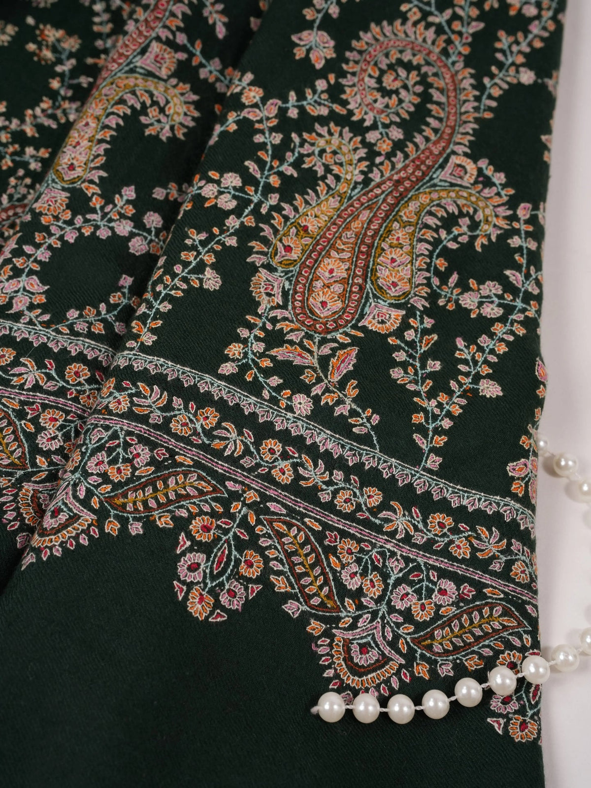 Forest Green Handwoven Oversized Pashmina Shawl with Hand Embroidery