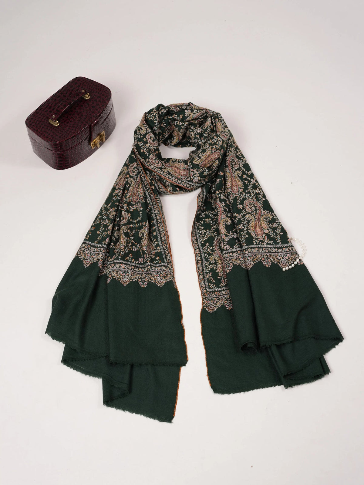 Forest Green Handwoven Oversized Pashmina Shawl with Hand Embroidery