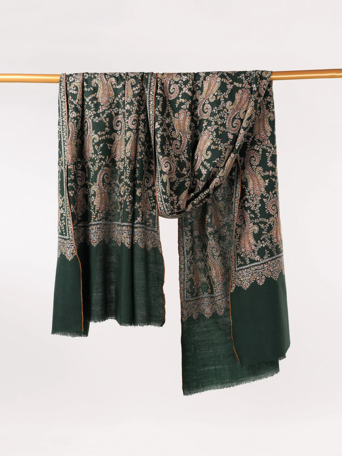 Forest Green Handwoven Oversized Pashmina Shawl with Hand Embroidery