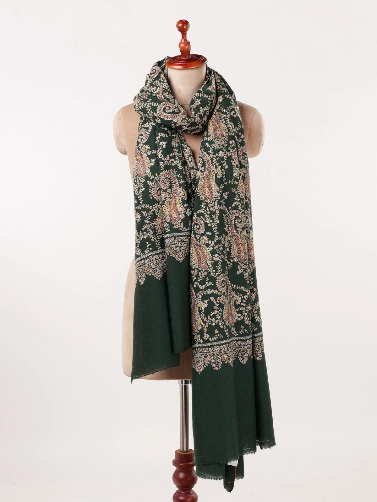 Forest Green Handwoven Oversized Pashmina Shawl with Hand Embroidery