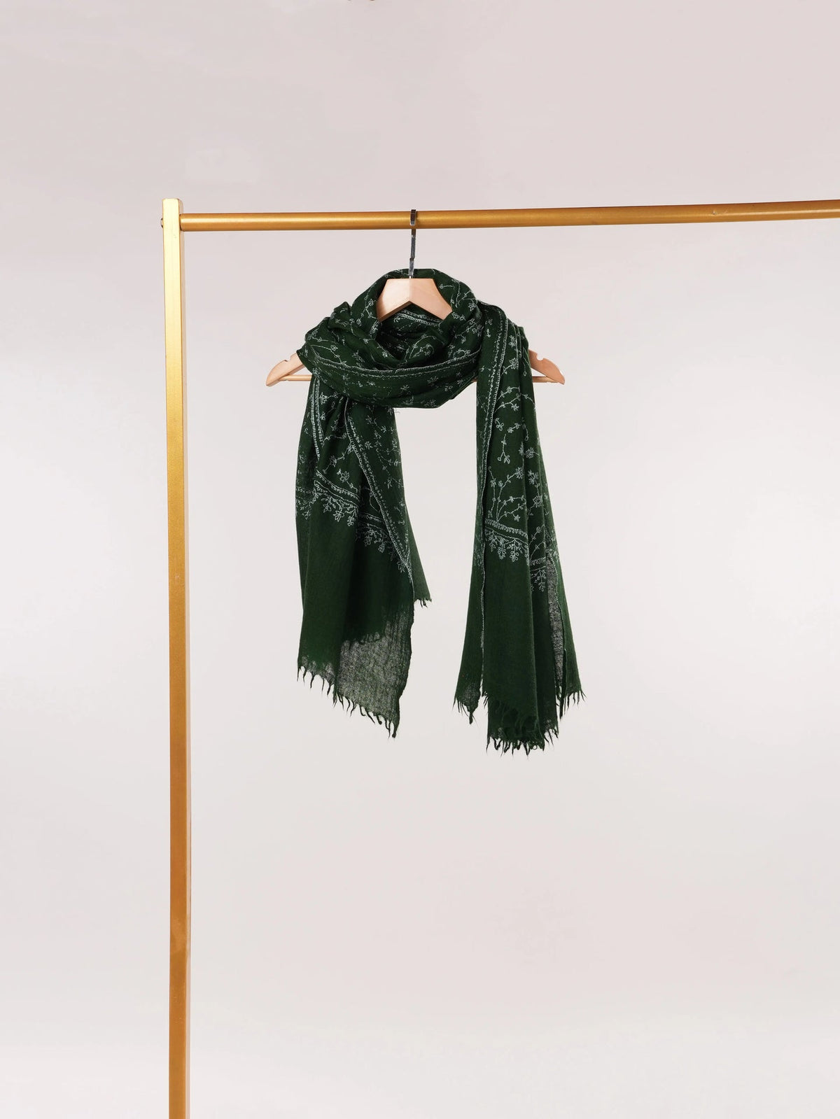 Dark Green Pure Boiled Wool Shawl with Jali Hand Sozni Embroidery Shahkaar.com