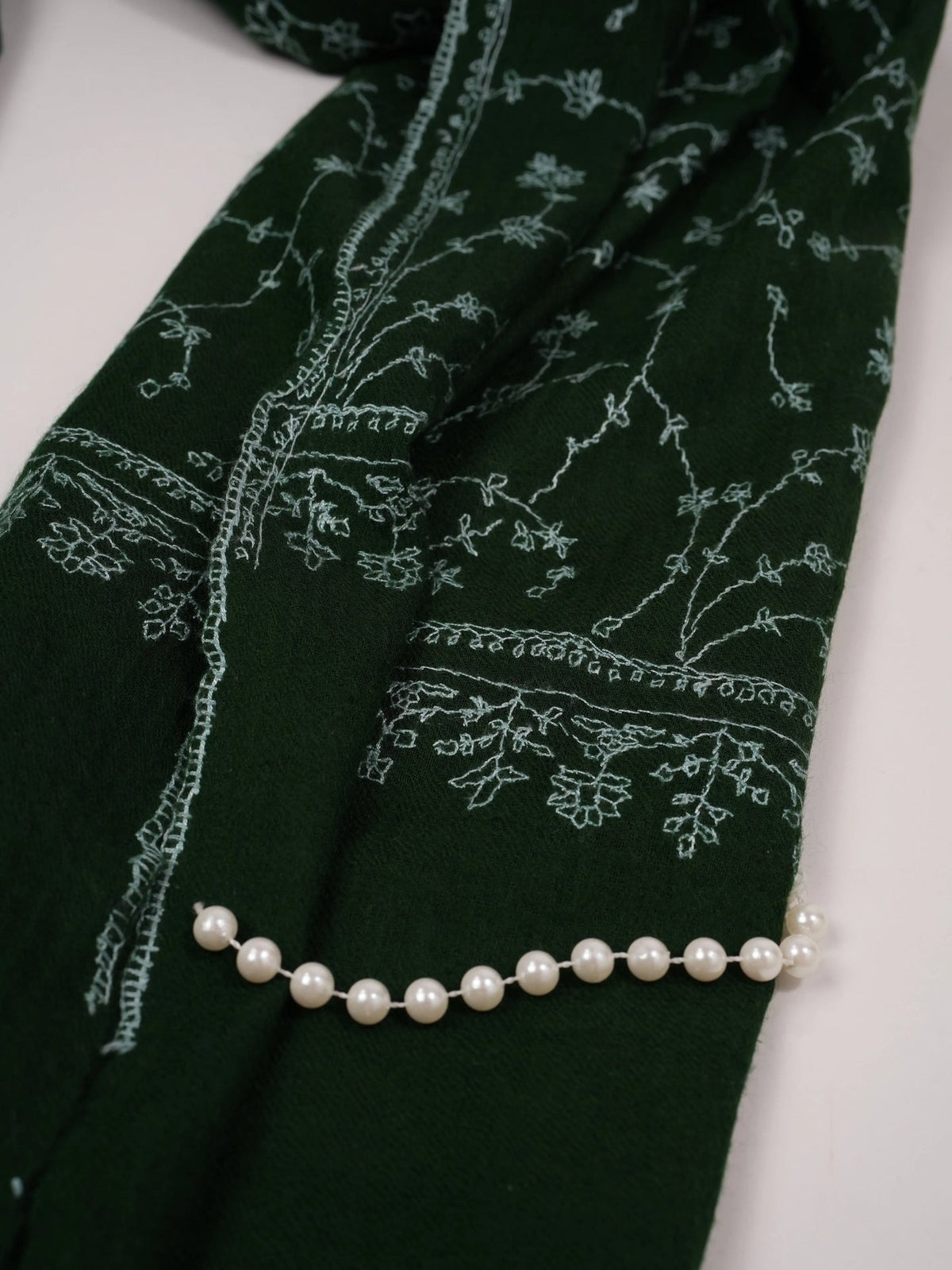 Dark Green Pure Boiled Wool Shawl with Jali Hand Sozni Embroidery Shahkaar.com