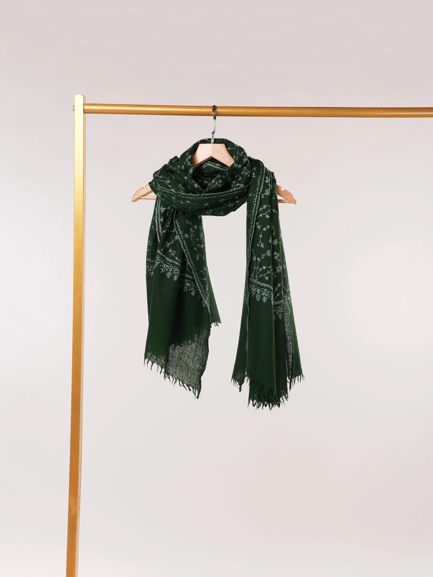 Dark Green Pure Boiled Wool Shawl with Jali Hand Sozni Embroidery Shahkaar.com