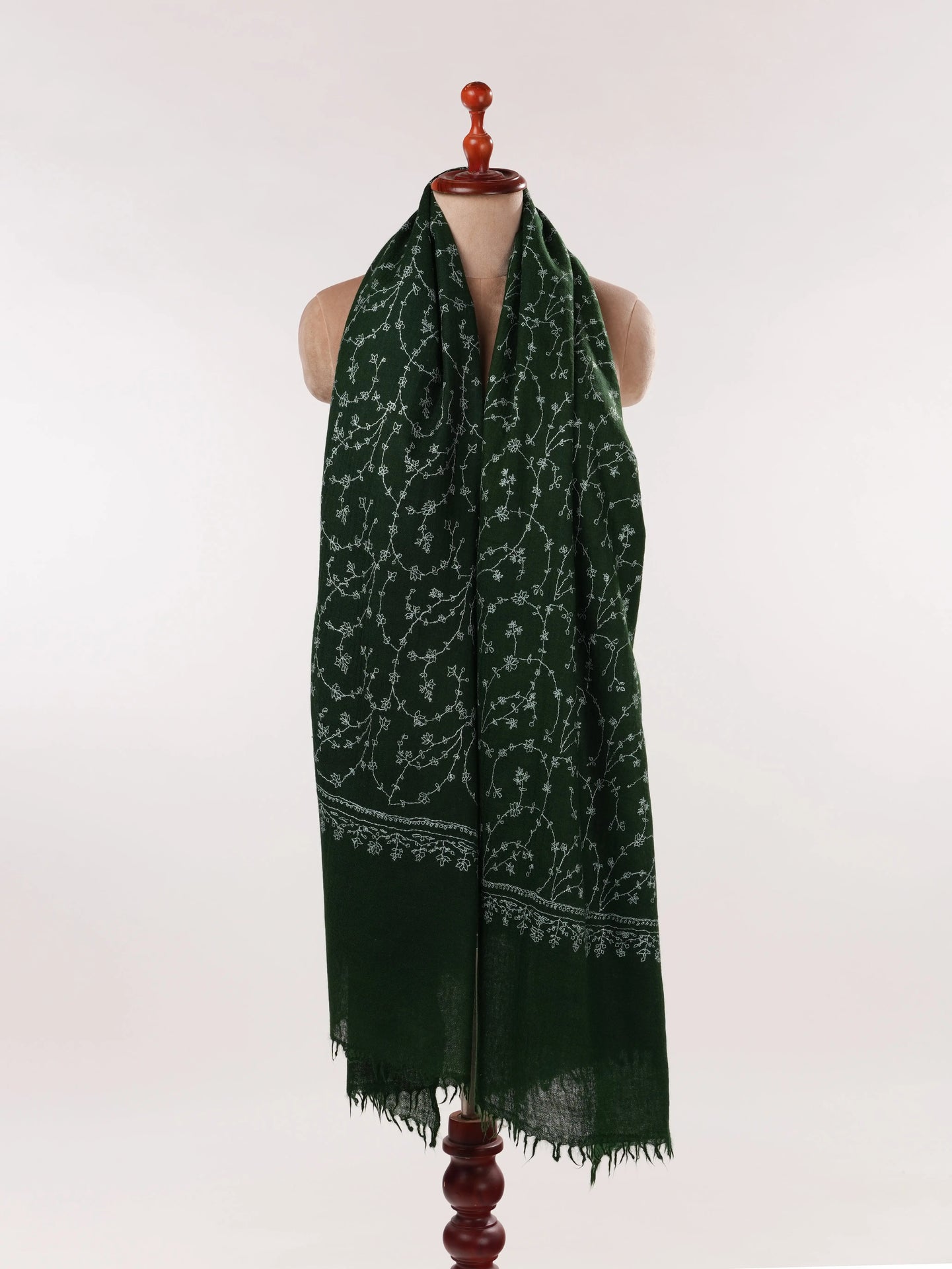 Dark Green Pure Boiled Wool Shawl with Jali Hand Sozni Embroidery Shahkaar.com