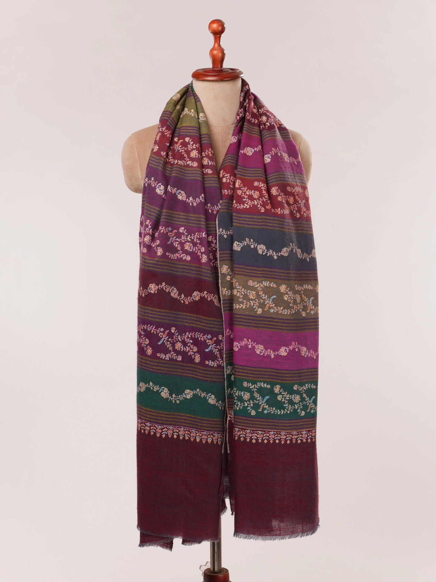 Featherlight Striped Hand Embroidered Authentic Pashmina Shawl Shahkaar.com
