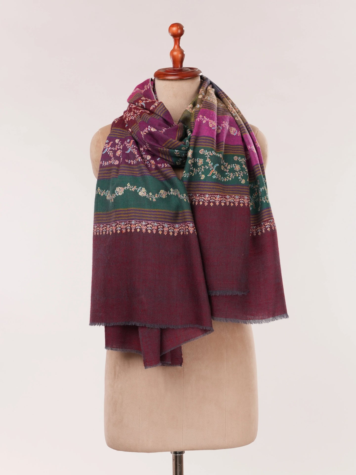 Featherlight Striped Hand Embroidered Authentic Pashmina Shawl Shahkaar.com