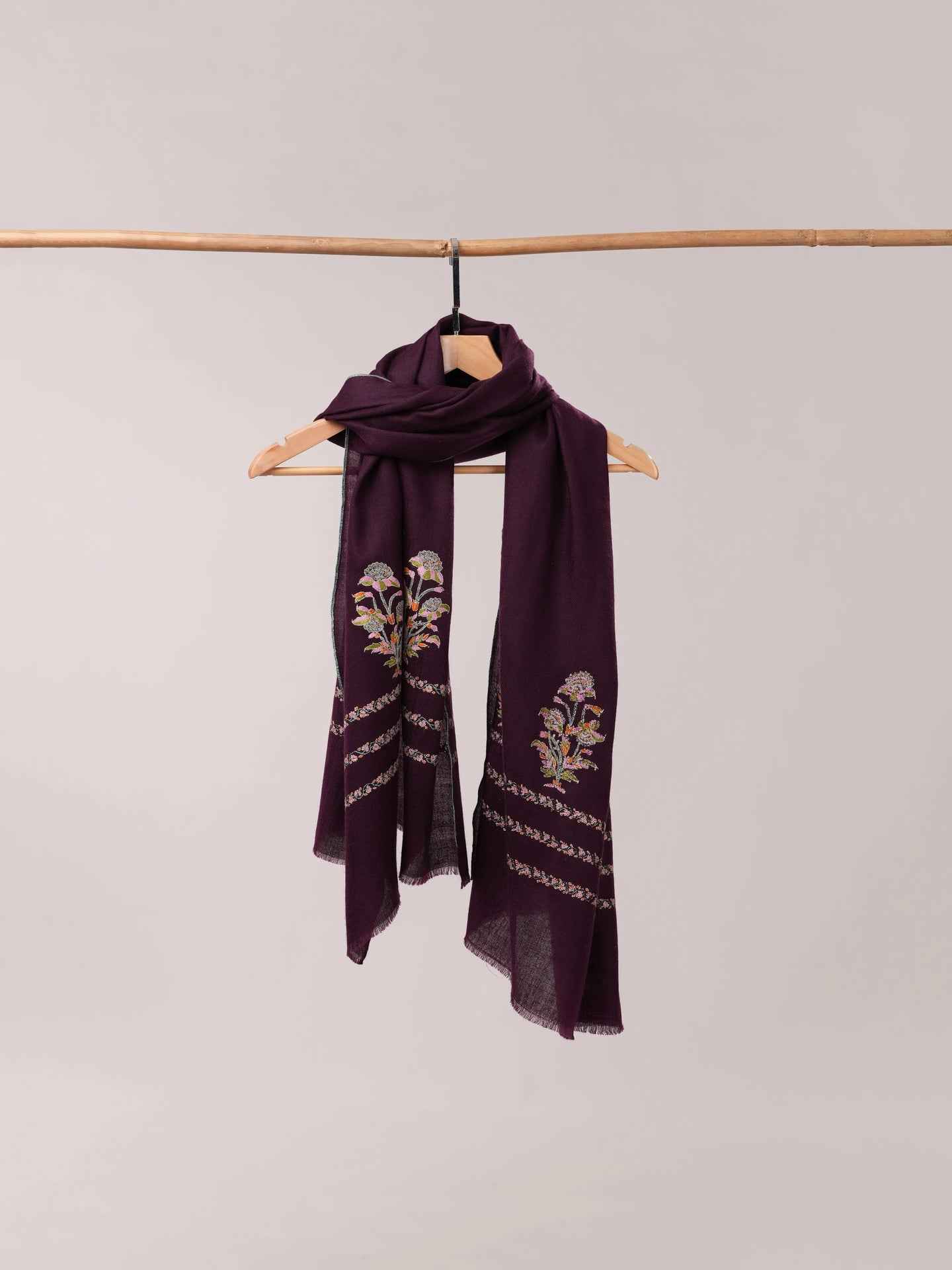 Wine Cashmere Scarf with Palla Sozni Mughal Hand Embroidery Shahkaar.com