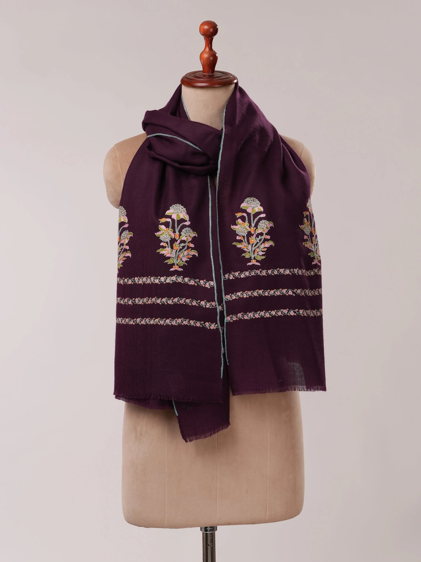 Wine Cashmere Scarf with Palla Sozni Mughal Hand Embroidery Shahkaar.com