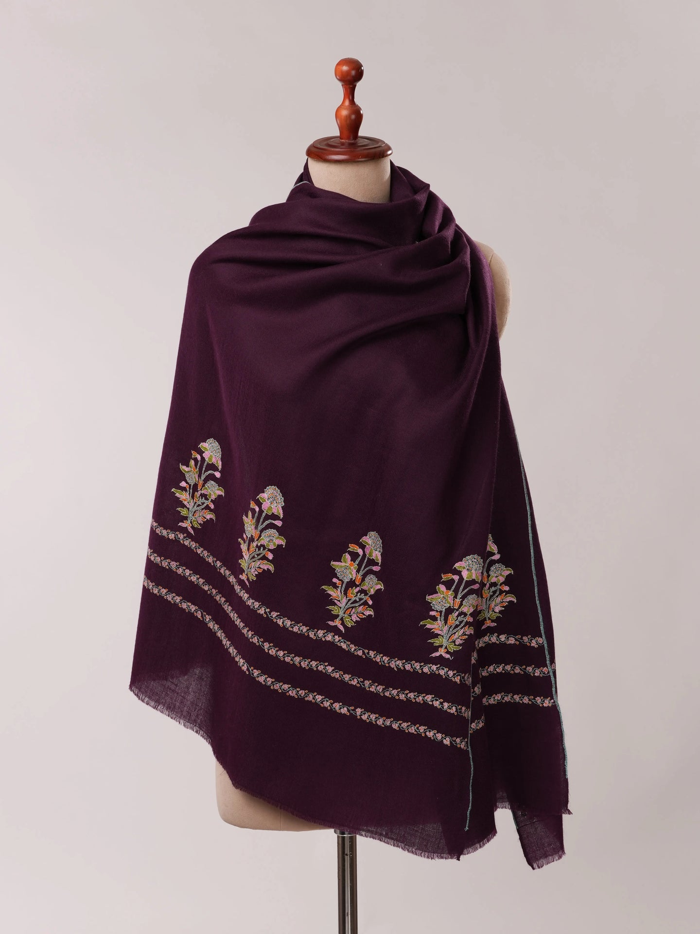 Wine Cashmere Scarf with Palla Sozni Mughal Hand Embroidery Shahkaar.com