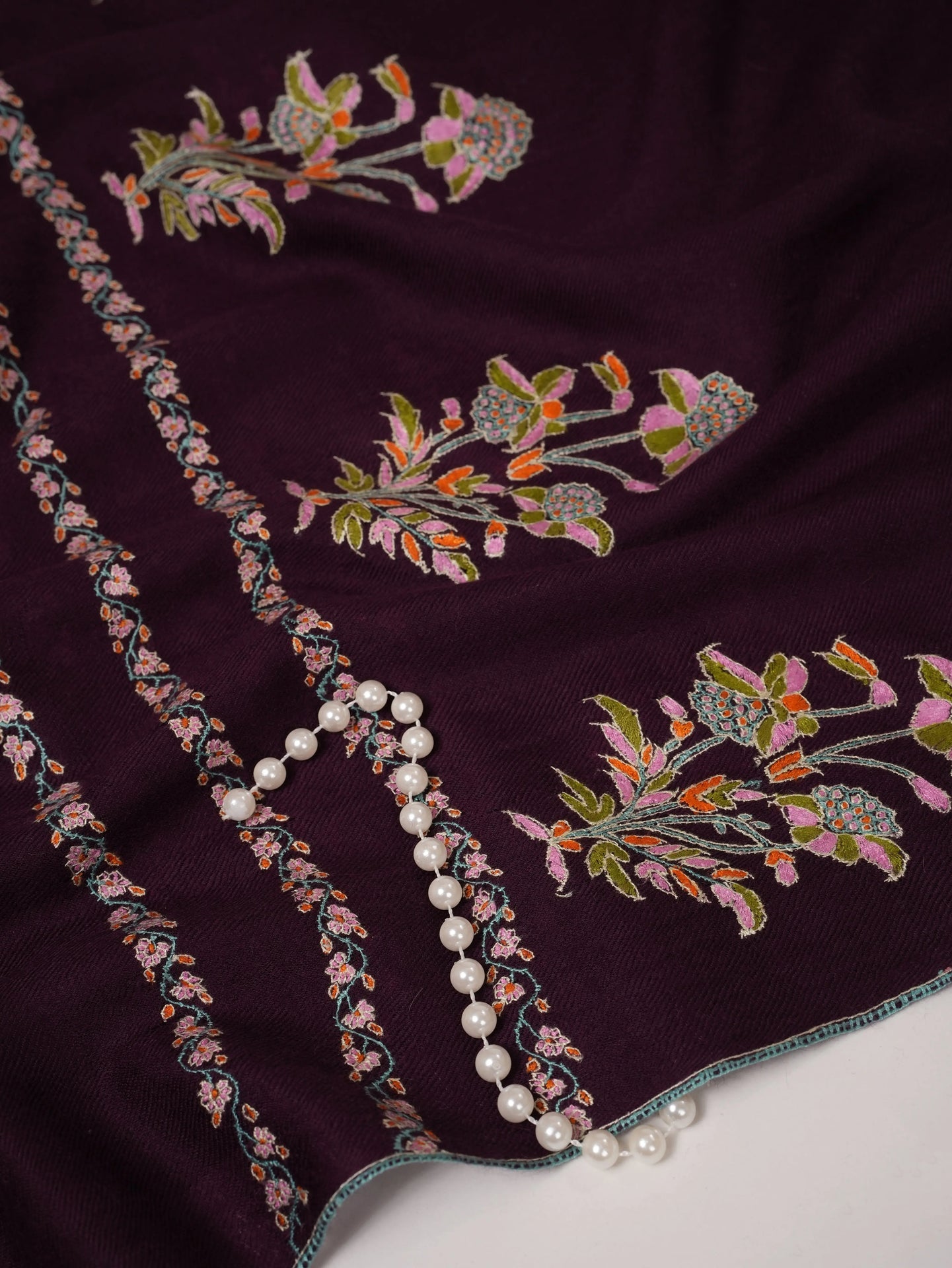 Wine Cashmere Scarf with Palla Sozni Mughal Hand Embroidery Shahkaar.com