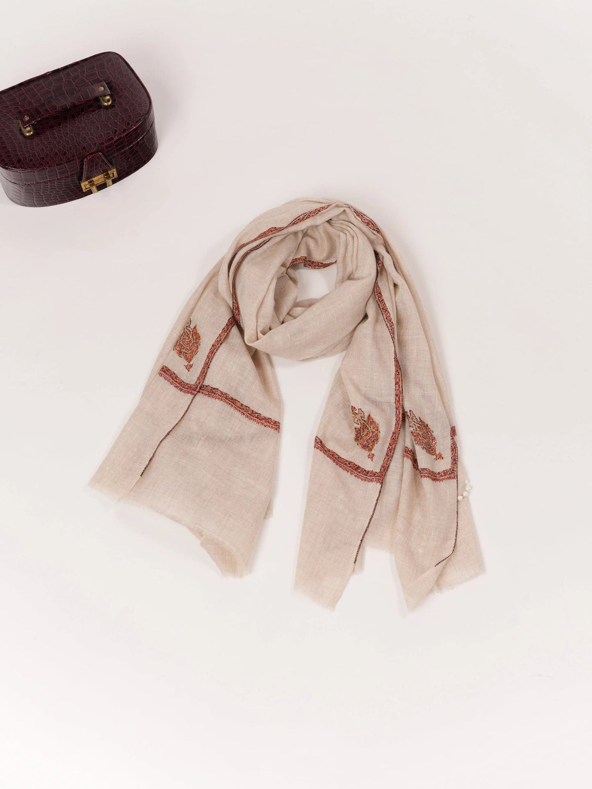 Baildar Natural White Pashmina Shawl Handwoven in Kashmir with Hand Sozni Embroidery Shahkaar.com
