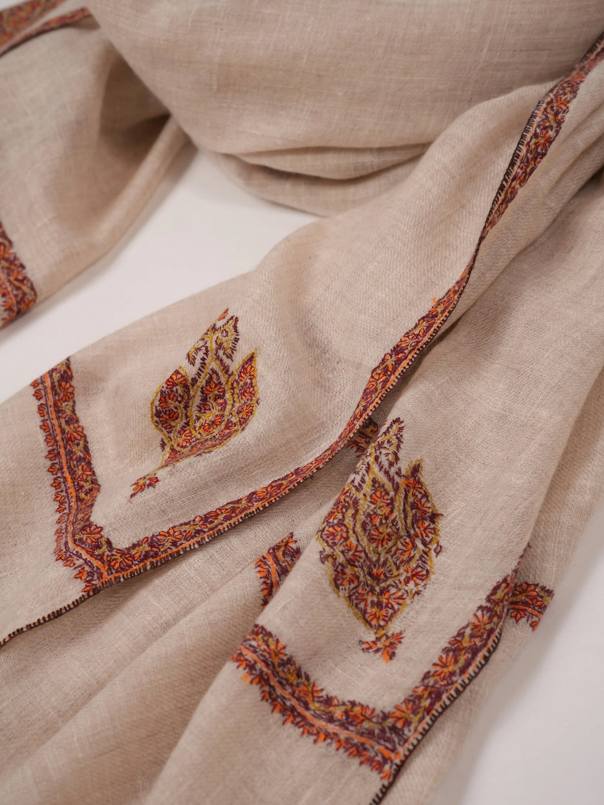Baildar Natural White Pashmina Shawl Handwoven in Kashmir with Hand Sozni Embroidery Shahkaar.com