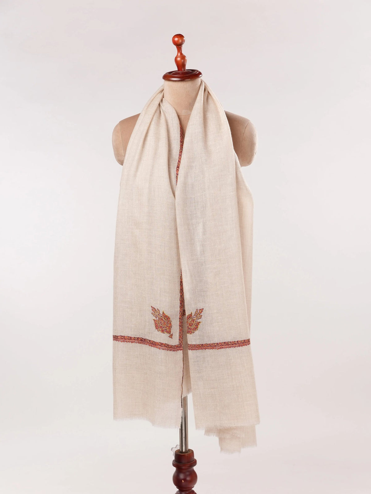 Baildar Natural White Pashmina Shawl Handwoven in Kashmir with Hand Sozni Embroidery Shahkaar.com