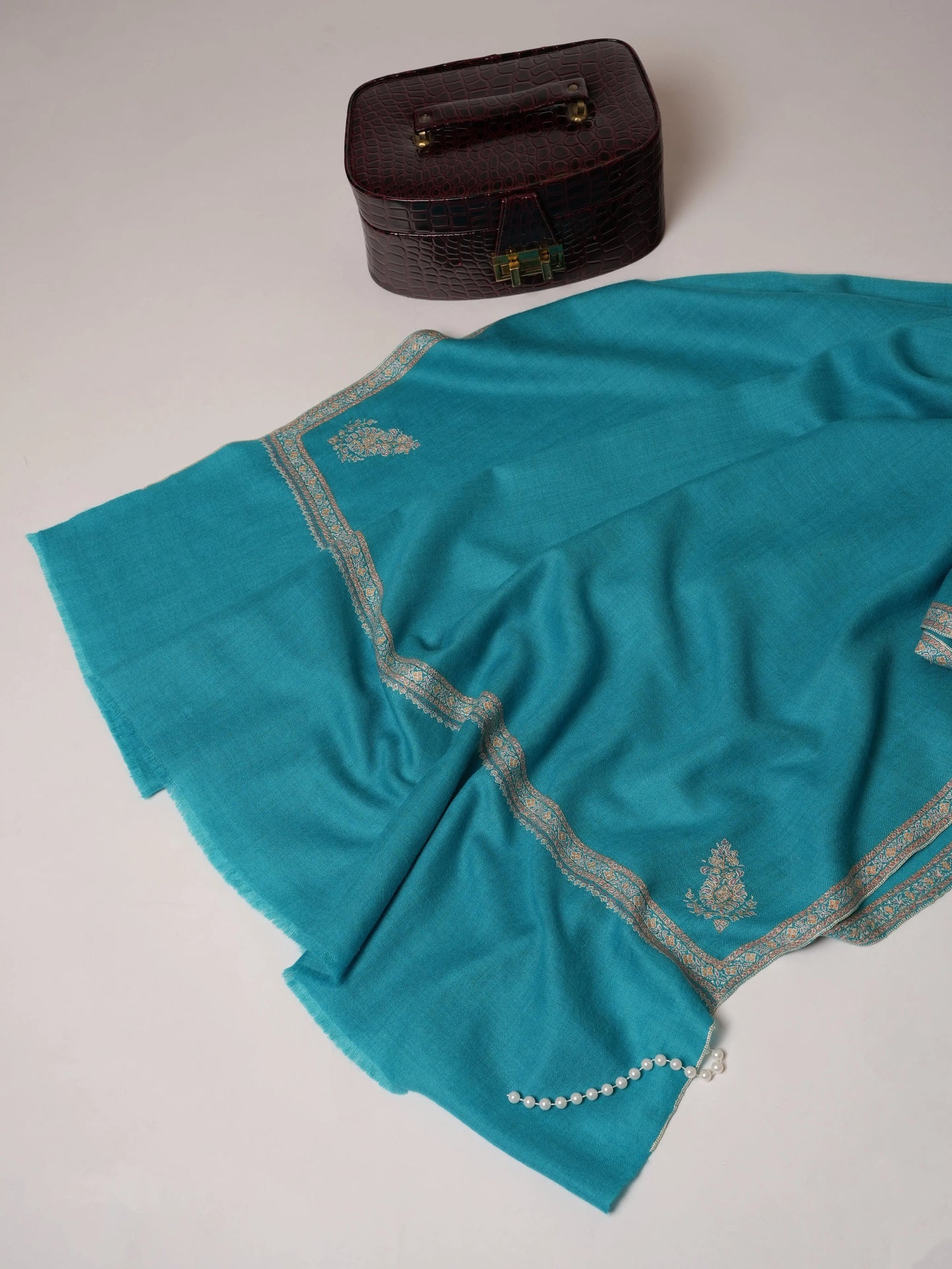 Turquoise Pashmina Shawl with Hashia Hand Embroidery Shahkaar.com