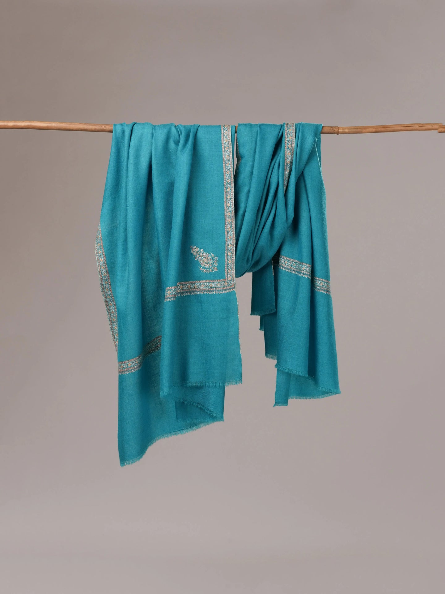 Turquoise Pashmina Shawl with Hashia Hand Embroidery Shahkaar.com