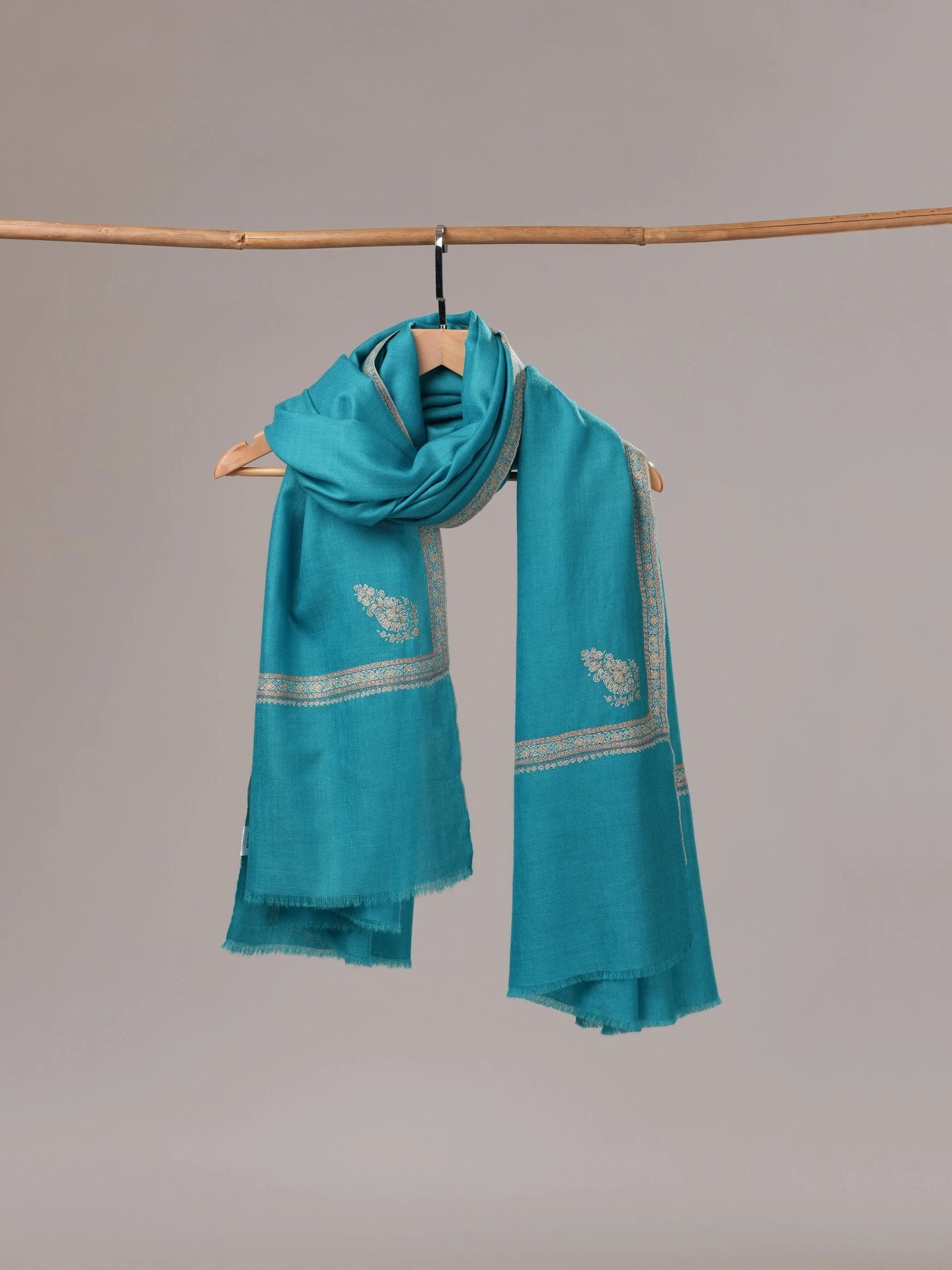 Turquoise Pashmina Shawl with Hashia Hand Embroidery Shahkaar.com