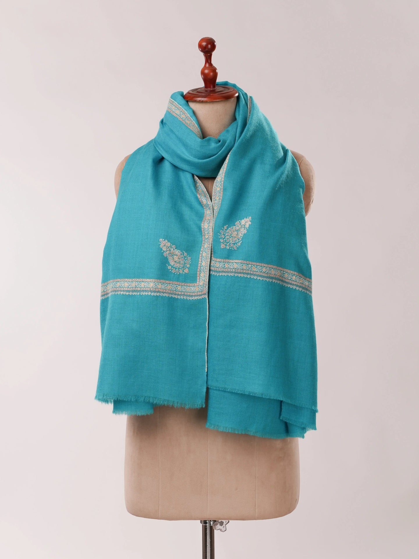 Turquoise Pashmina Shawl with Hashia Hand Embroidery Shahkaar.com