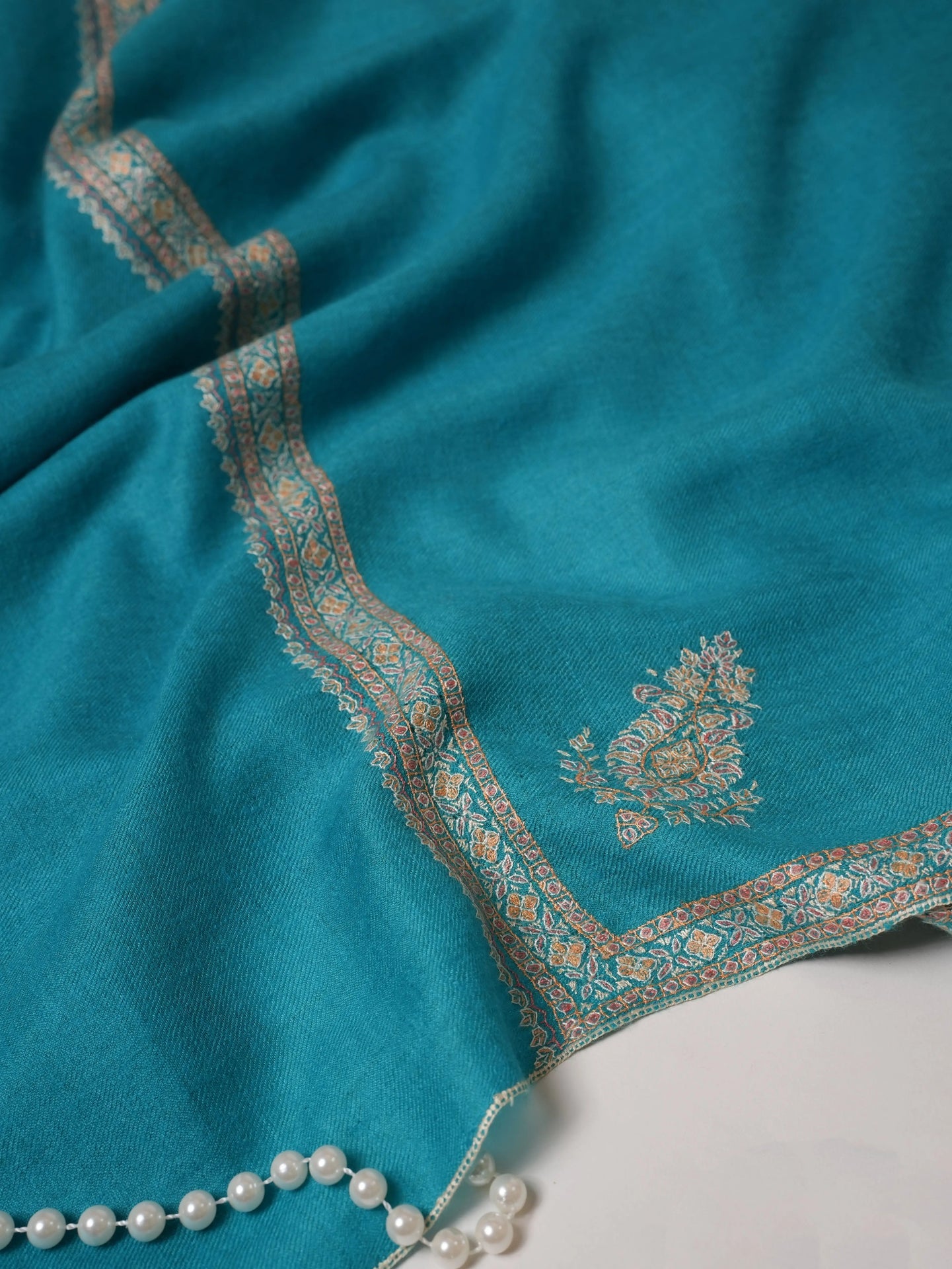 Turquoise Pashmina Shawl with Hashia Hand Embroidery Shahkaar.com