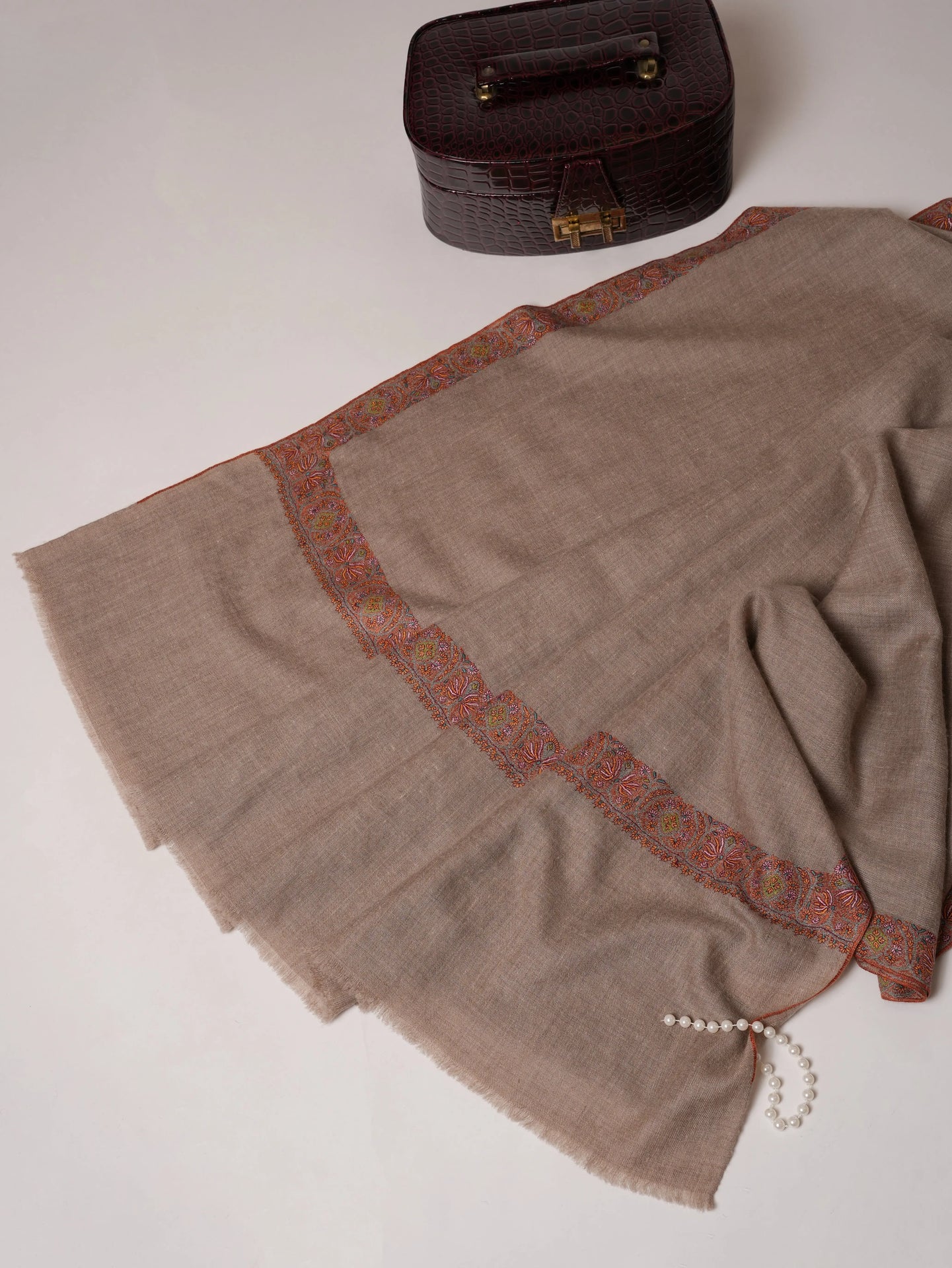 Natural Grey Pashmina Shawl with Neemdaur Border Hand Embroidery Shahkaar.com