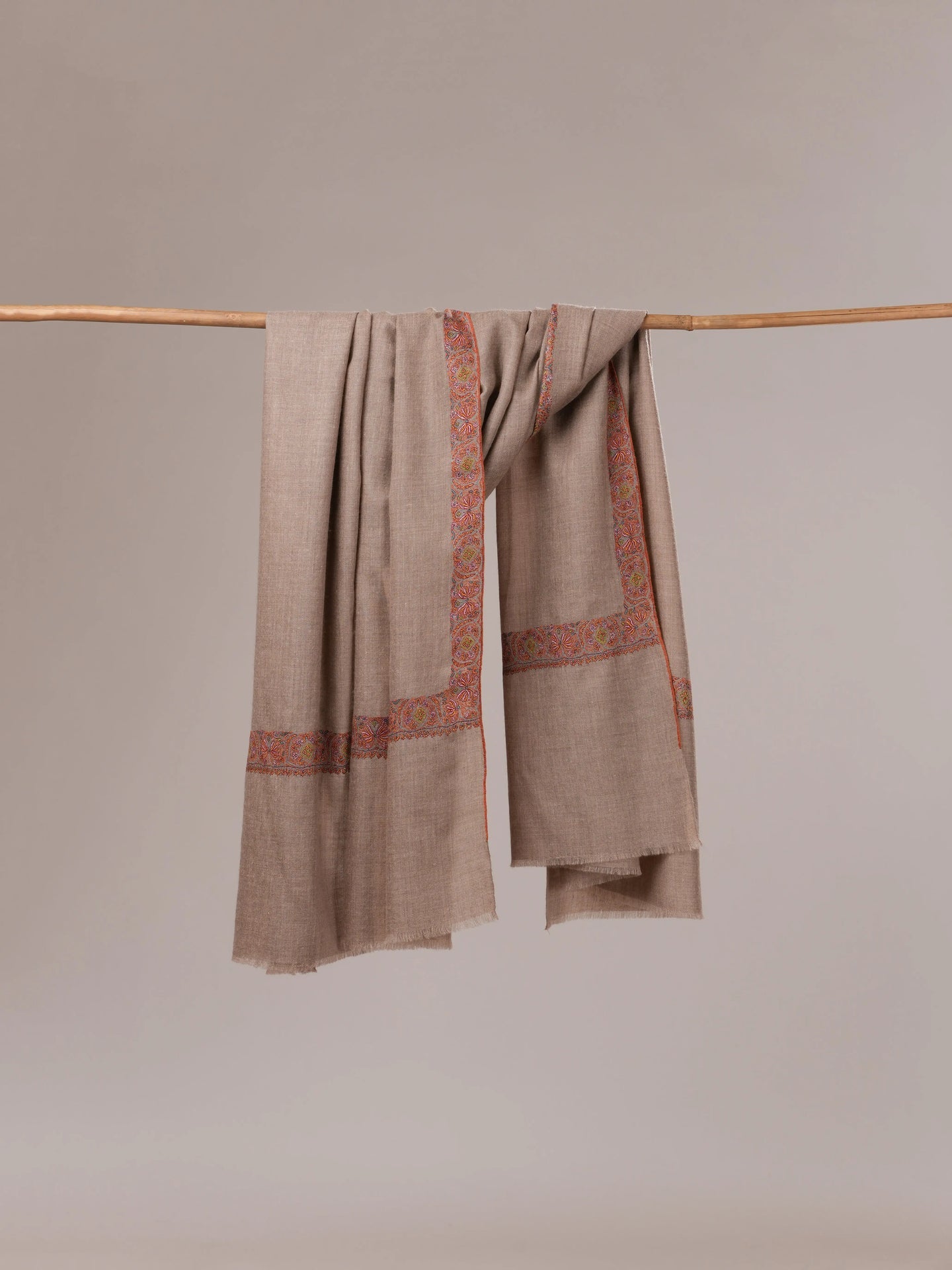 Natural Grey Pashmina Shawl with Neemdaur Border Hand Embroidery Shahkaar.com