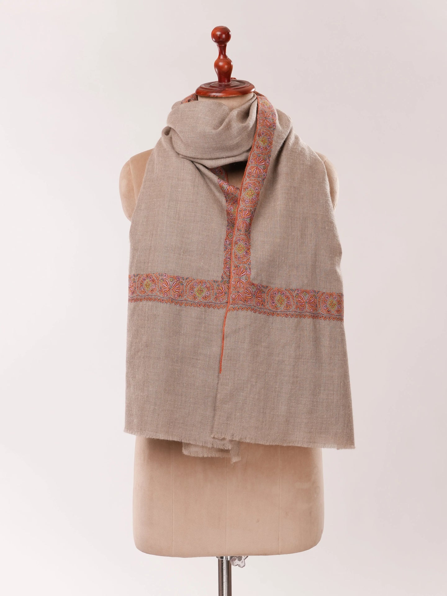 Natural Grey Pashmina Shawl with Neemdaur Border Hand Embroidery Shahkaar.com