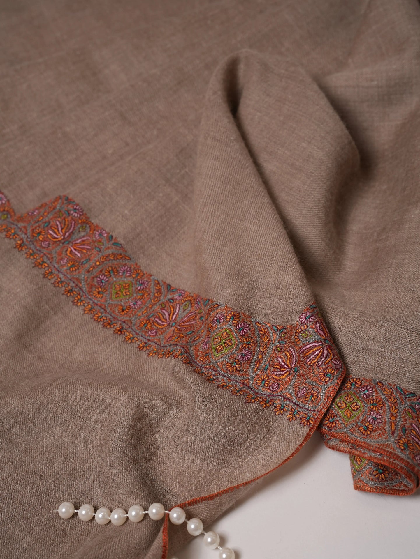 Natural Grey Pashmina Shawl with Neemdaur Border Hand Embroidery Shahkaar.com