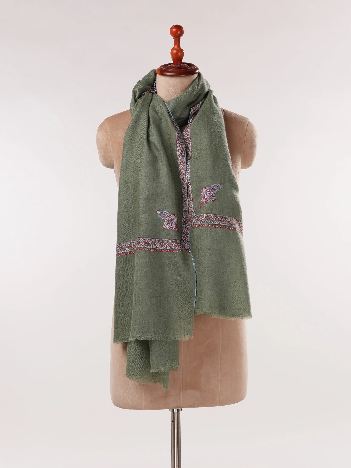 Green Handwoven Pashmina Shawl with Hashidar Hand Sozni Embroidery Shahkaar.com