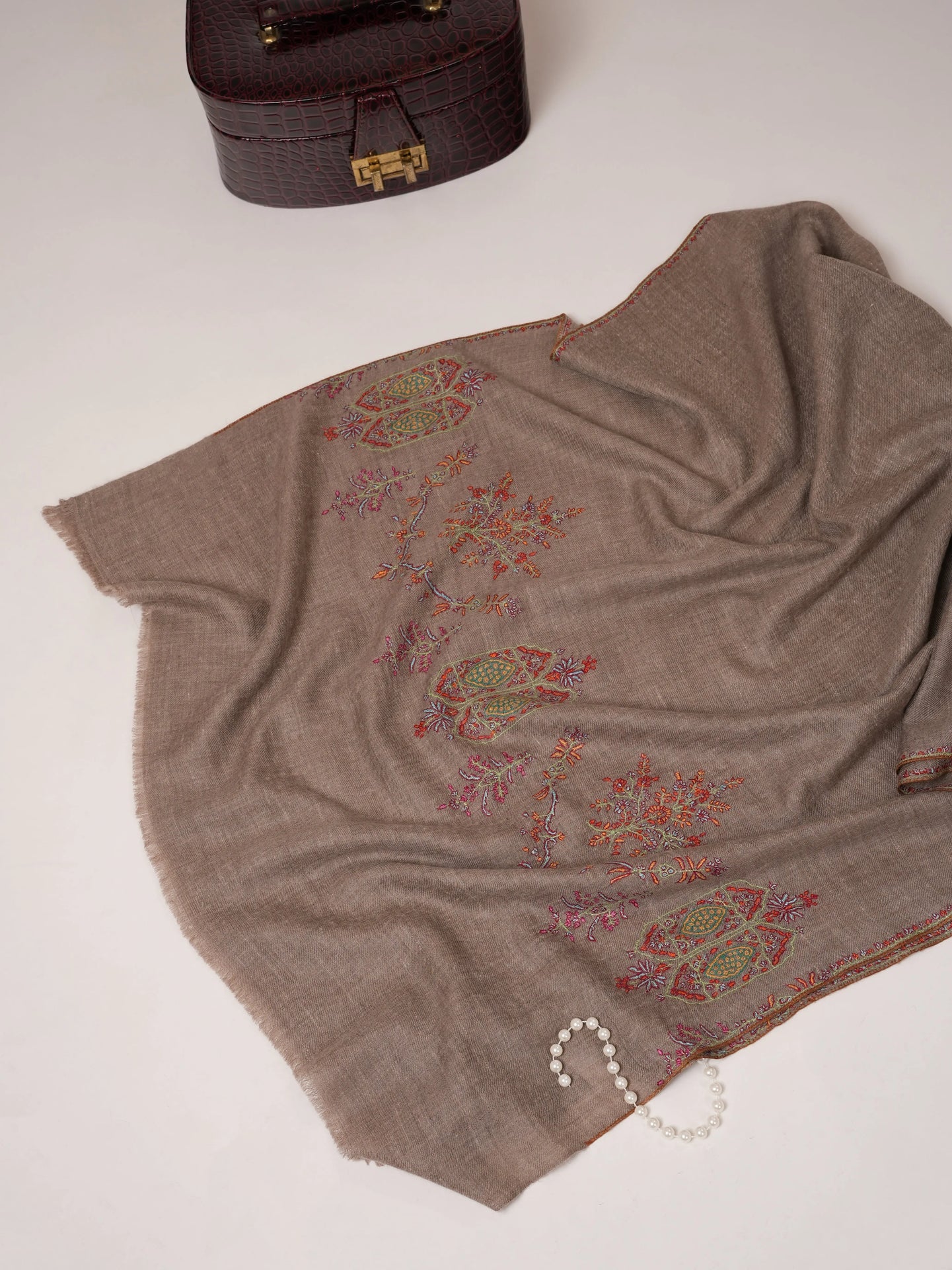 Natural Grey Pashmina Shawl with Sozni Palla Hand Embroidery Shahkaar.com
