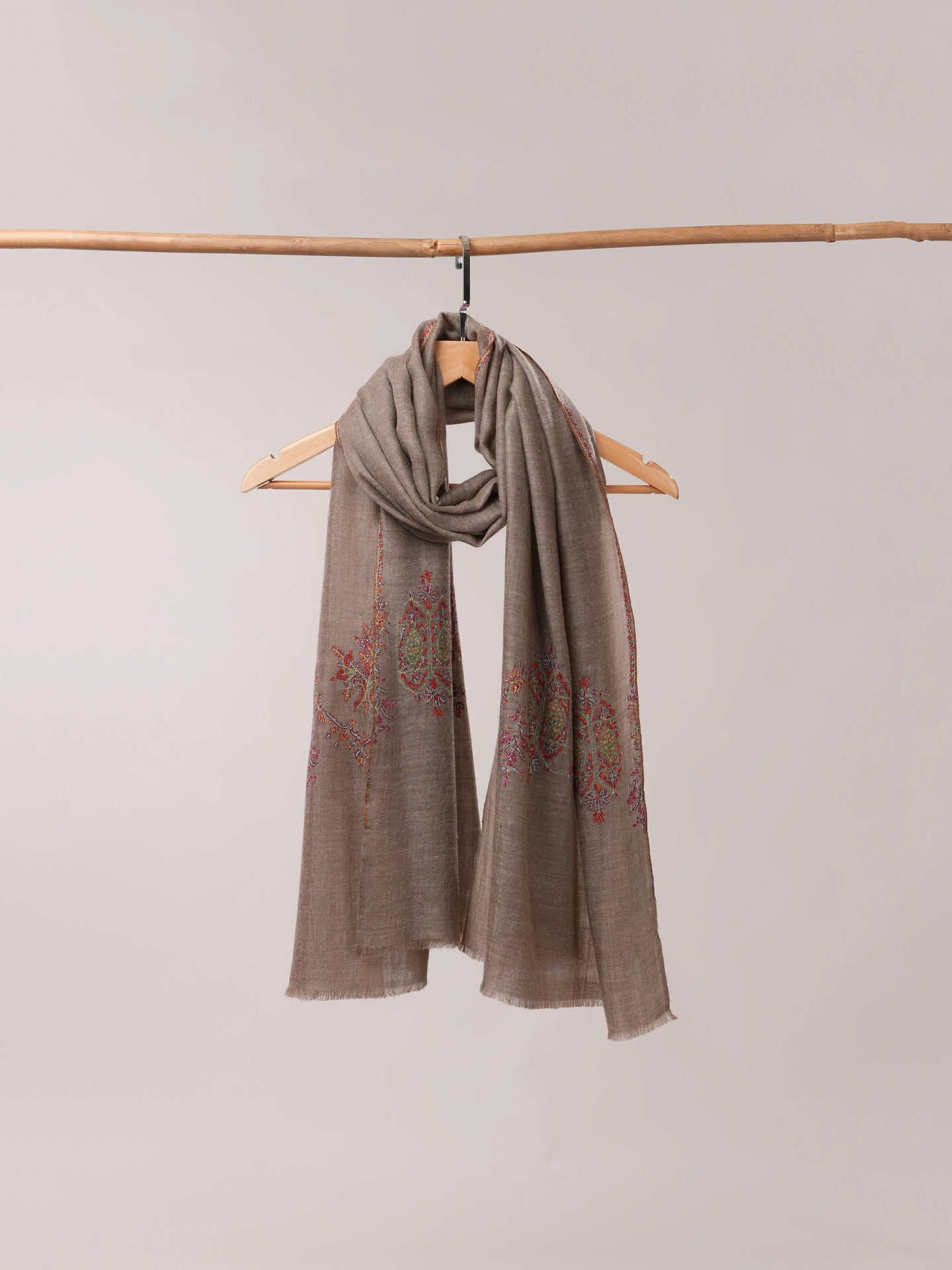 Natural Grey Pashmina Shawl with Sozni Palla Hand Embroidery Shahkaar.com
