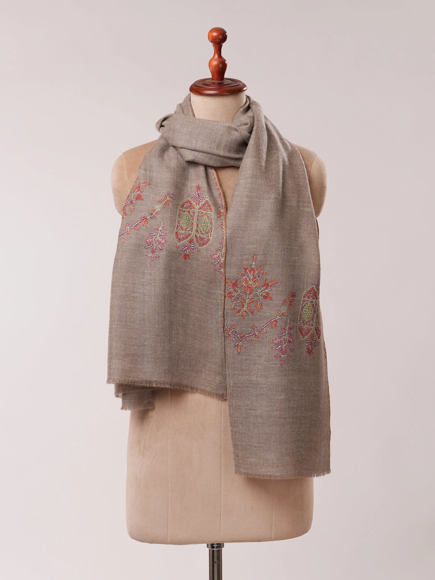 Natural Grey Pashmina Shawl with Sozni Palla Hand Embroidery Shahkaar.com