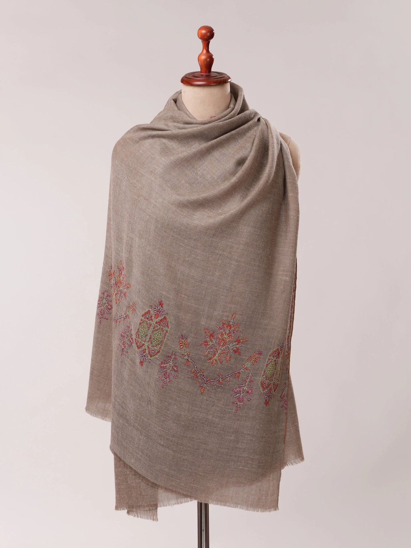 Natural Grey Pashmina Shawl with Sozni Palla Hand Embroidery Shahkaar.com