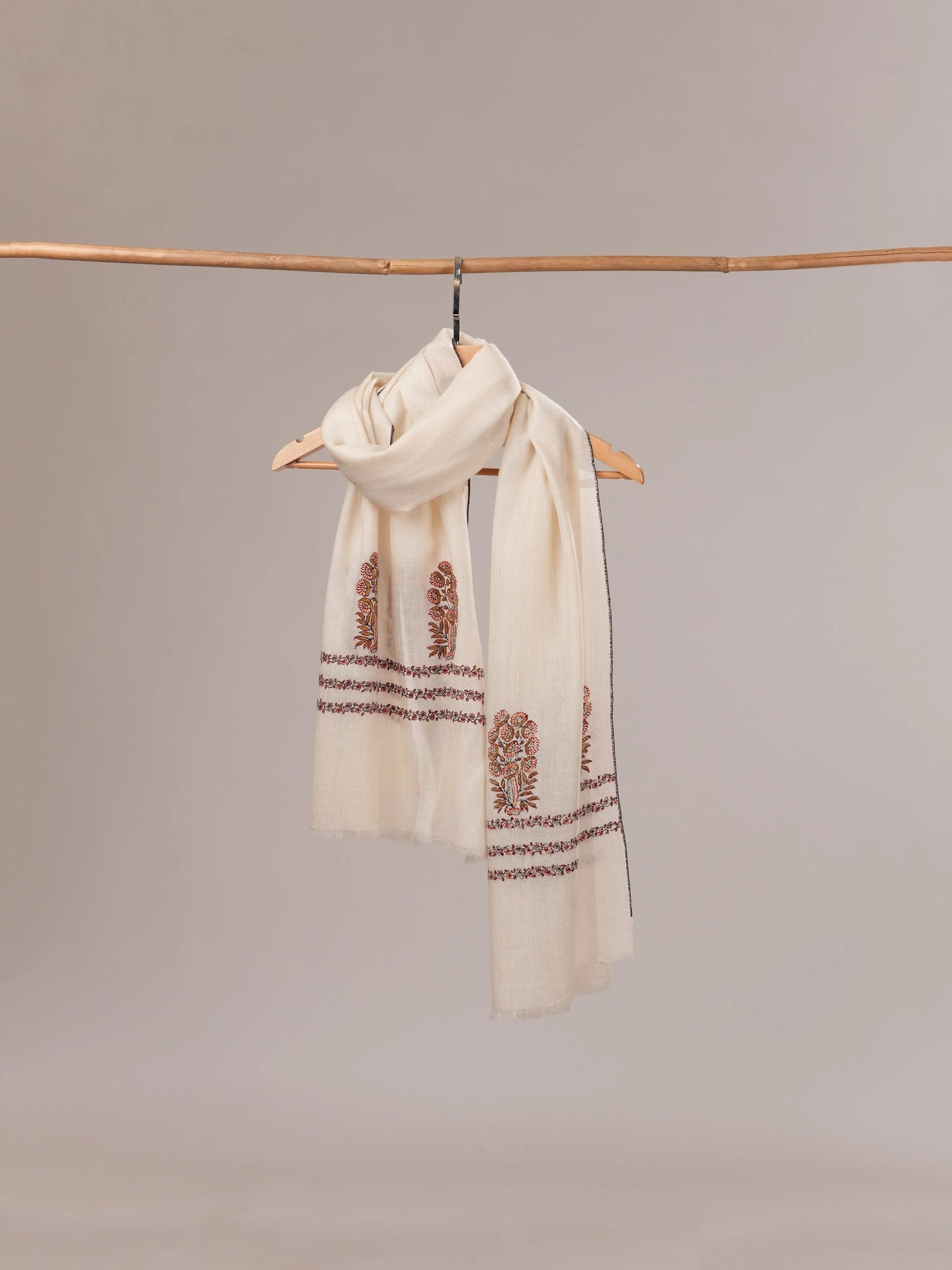 Ivory Baby Soft Cashmere Scarf with Mughal Palla Hand Embroidery Shahkaar.com