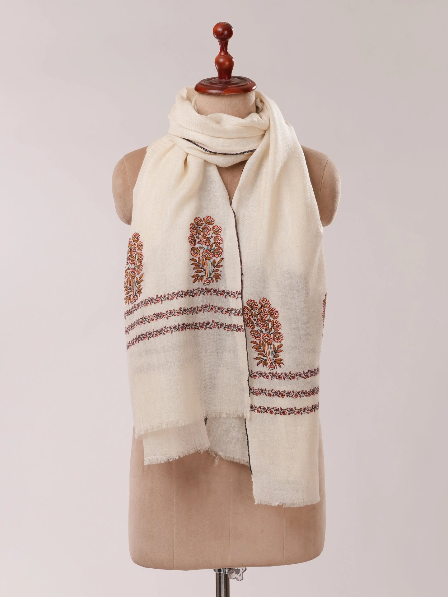 Ivory Baby Soft Cashmere Scarf with Mughal Palla Hand Embroidery Shahkaar.com