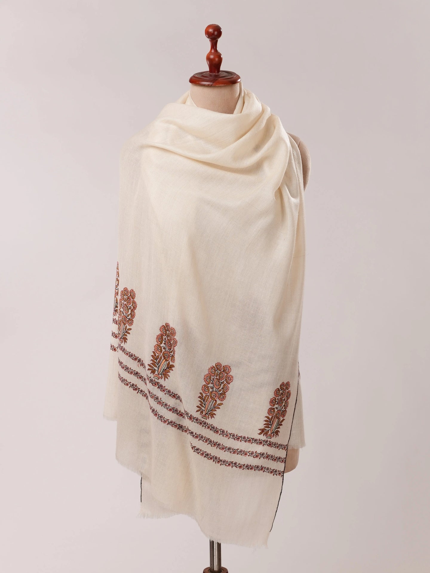Ivory Baby Soft Cashmere Scarf with Mughal Palla Hand Embroidery Shahkaar.com