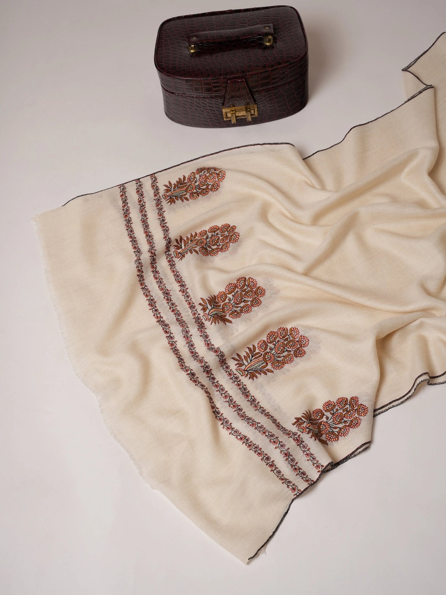 Ivory Baby Soft Cashmere Scarf with Mughal Palla Hand Embroidery Shahkaar.com