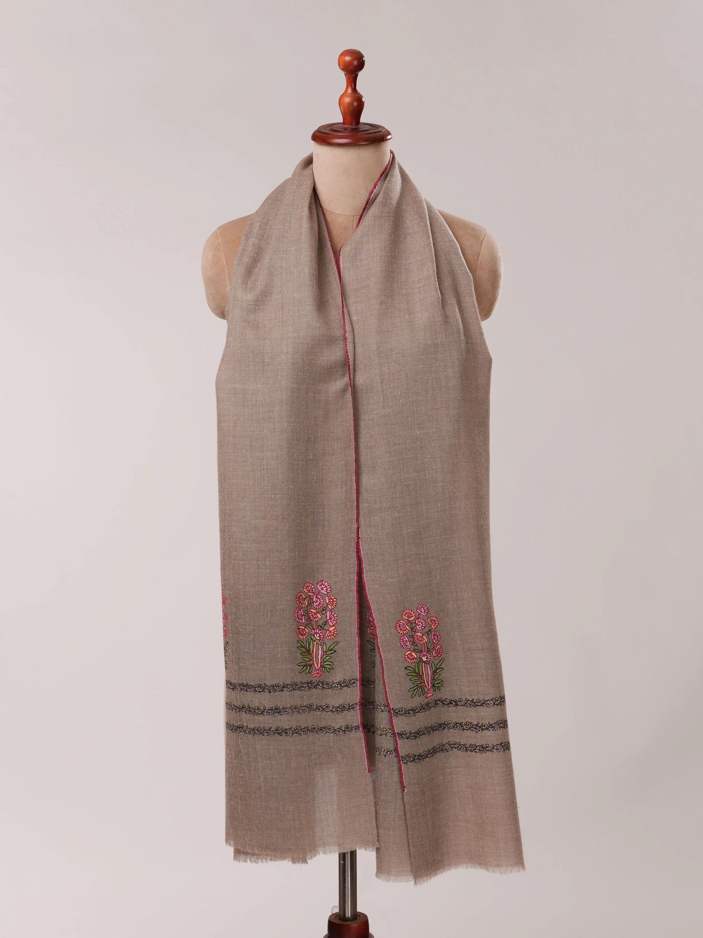 Natural Grey Cashmere Scarf with Palla Mughal Motif Hand Embroidery Shahkaar.com