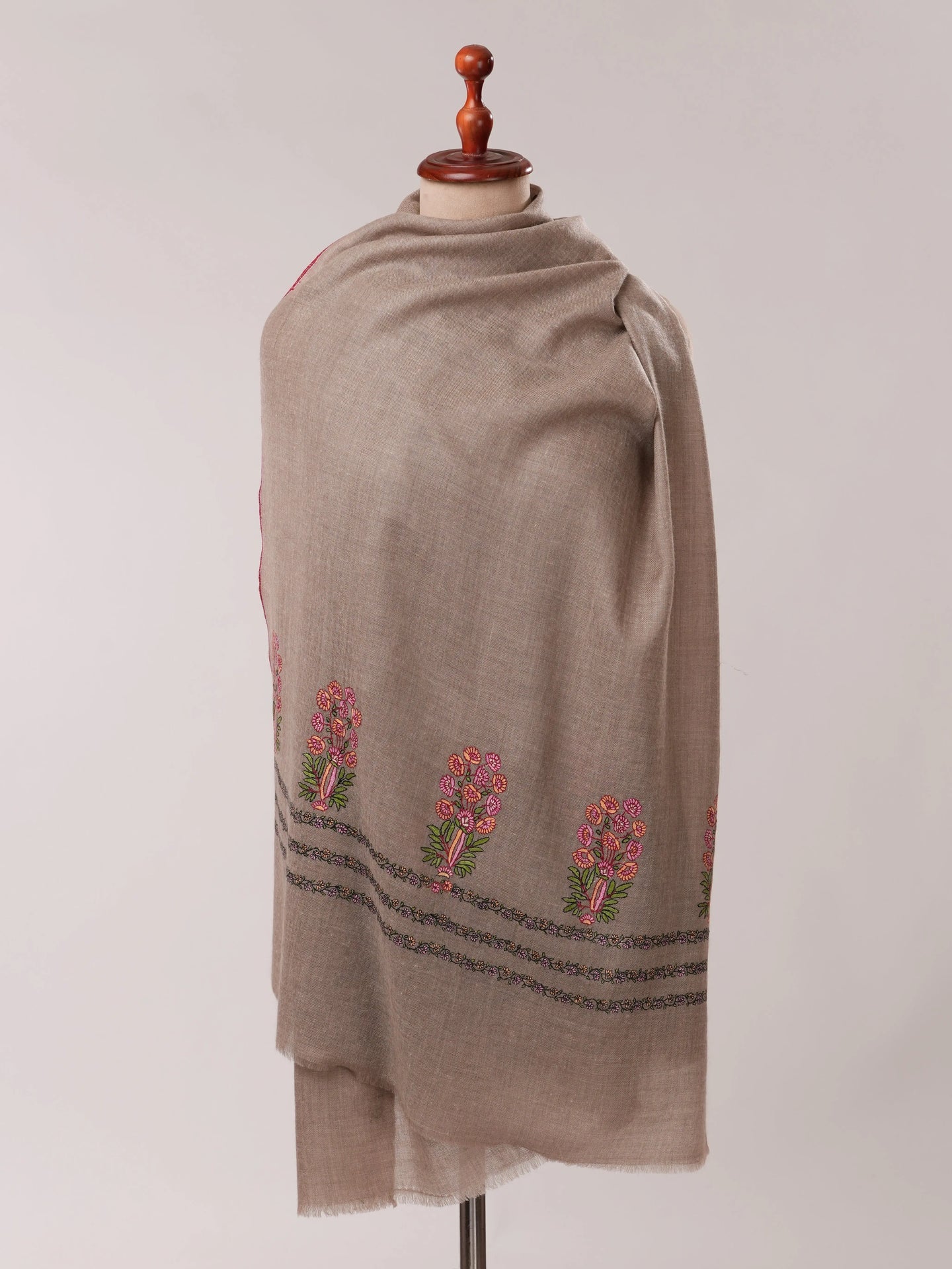 Natural Grey Cashmere Scarf with Palla Mughal Motif Hand Embroidery Shahkaar.com