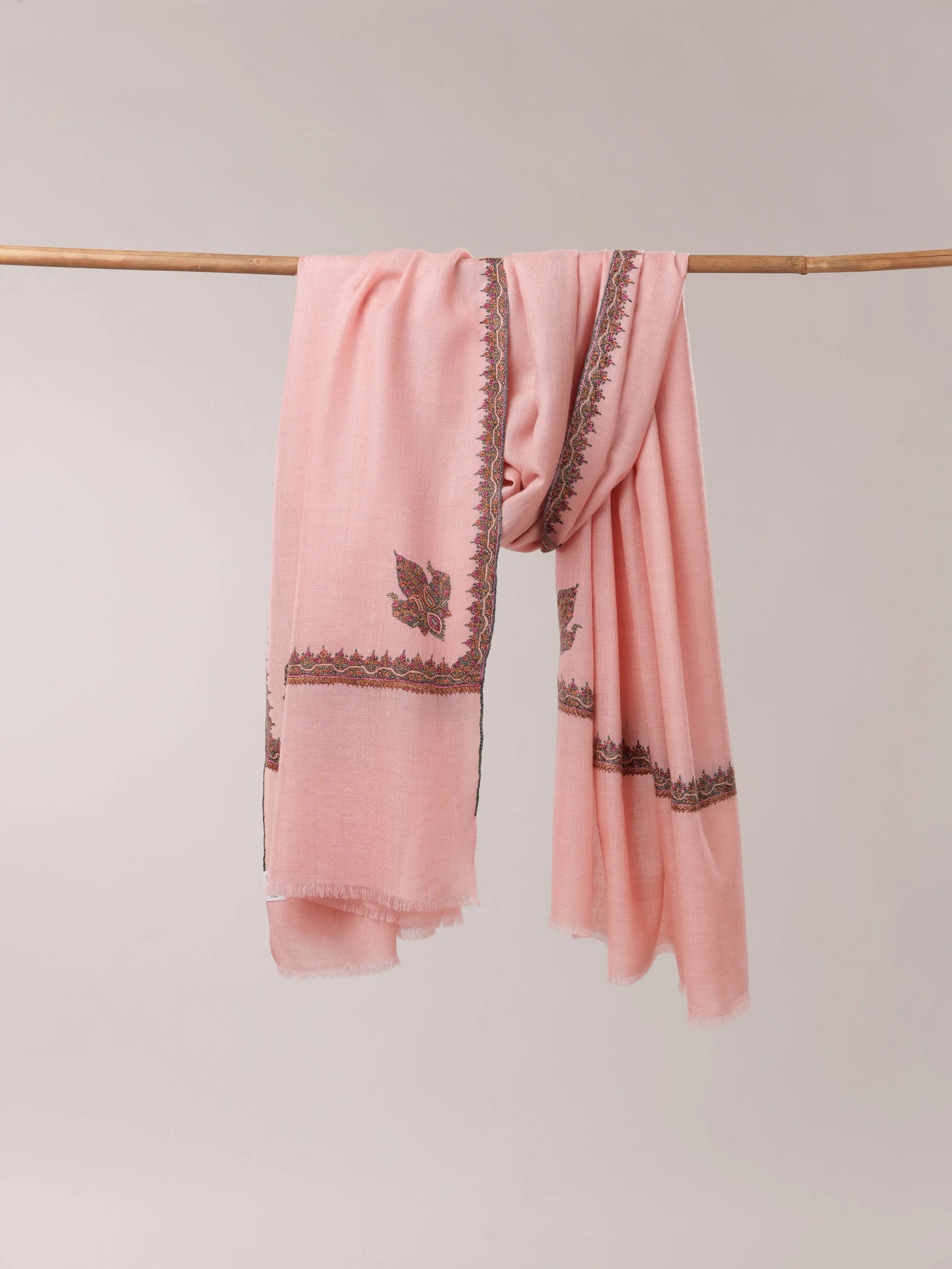 Baby Pink Pashmina Shawl with Classic Hashia Hand Embroidery Shahkaar.com