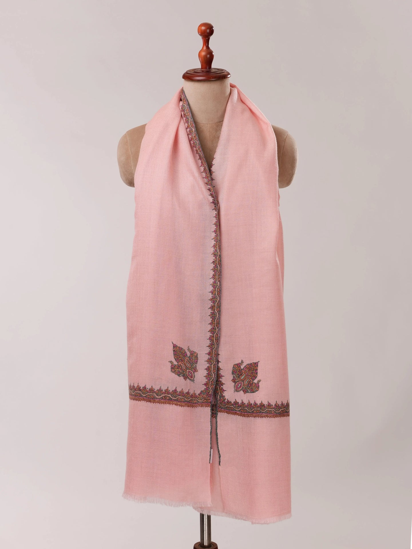 Baby Pink Pashmina Shawl with Classic Hashia Hand Embroidery Shahkaar.com