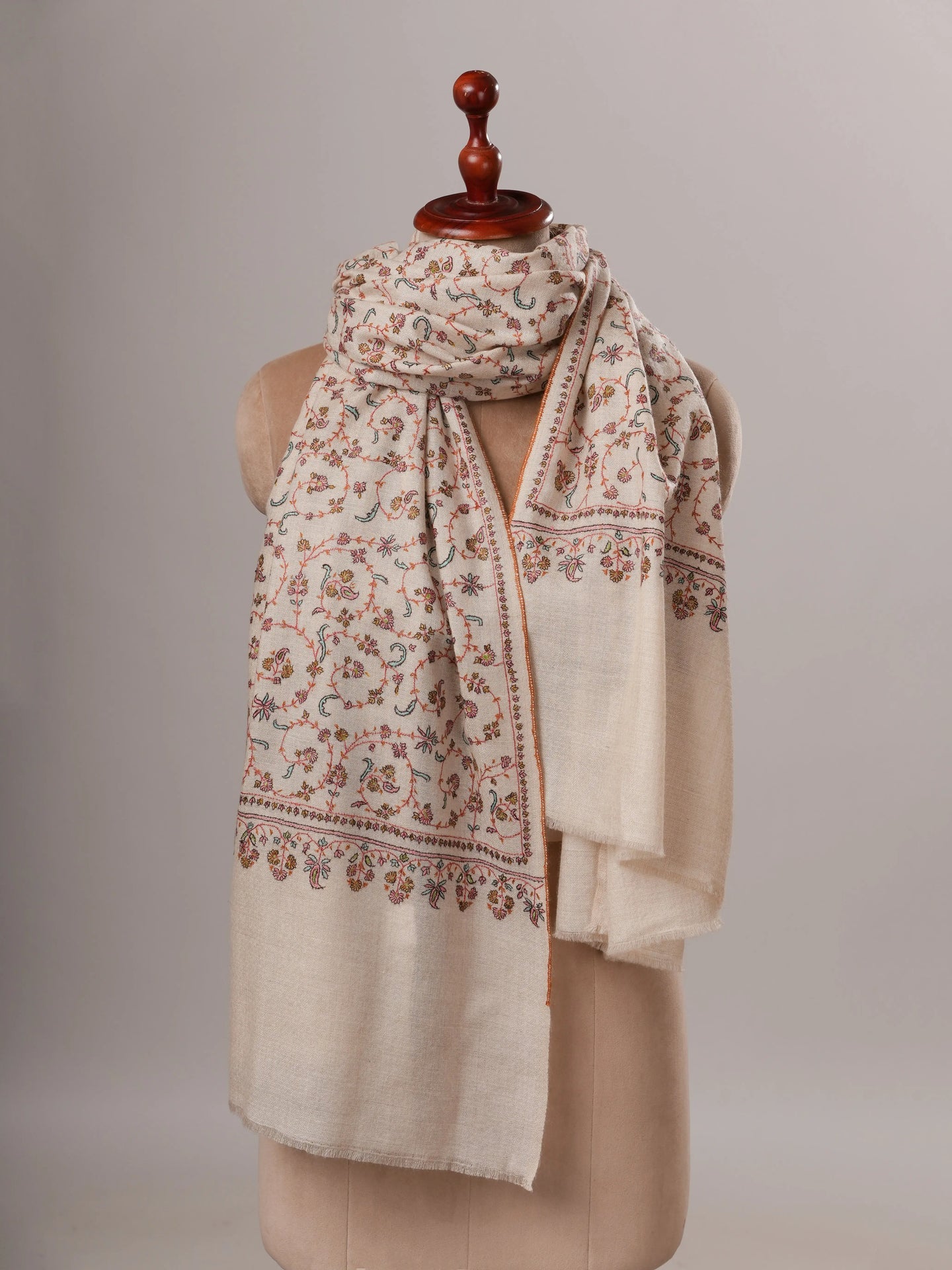 Ivory All Over Jali Hand Embroidered Pure Pashmina Shawl Shahkaar Global
