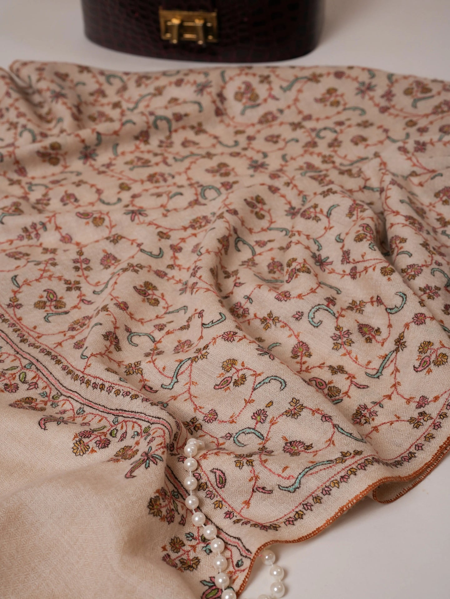Ivory All Over Jali Hand Embroidered Pure Pashmina Shawl Shahkaar Global