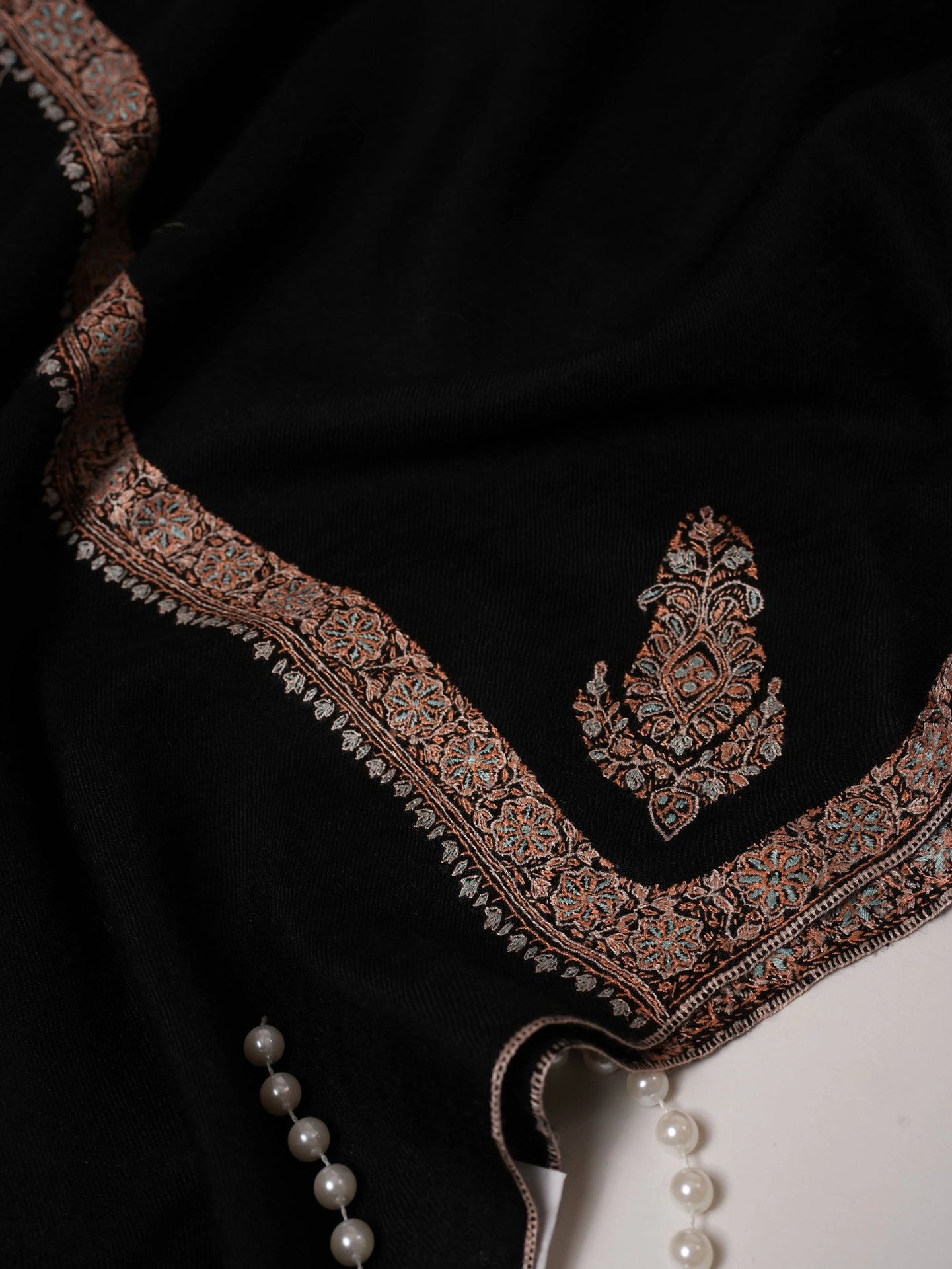Black Pashmina Shawl with Hashia Hand Embroidery Shahkaar.com