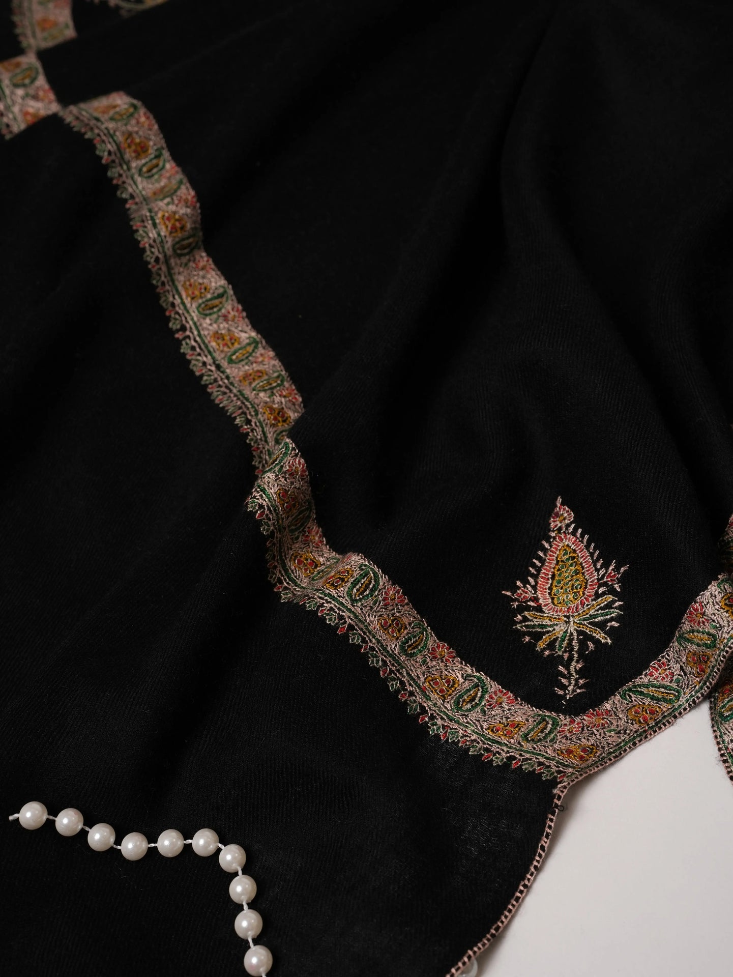 Black Pashmina Shawl with Hashia Hand Embroidery Shahkaar.com