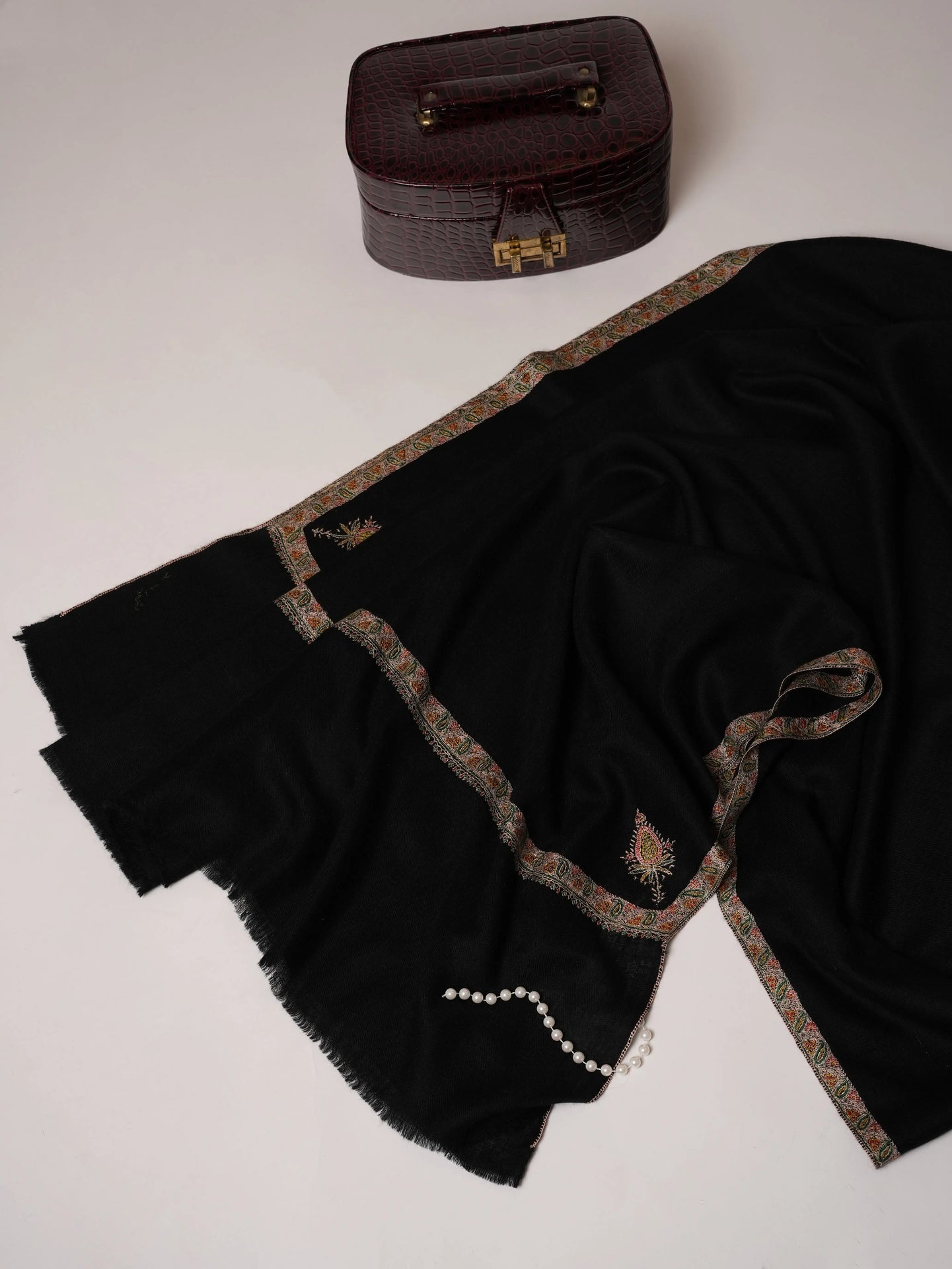 Black Pashmina Shawl with Hashia Hand Embroidery Shahkaar.com