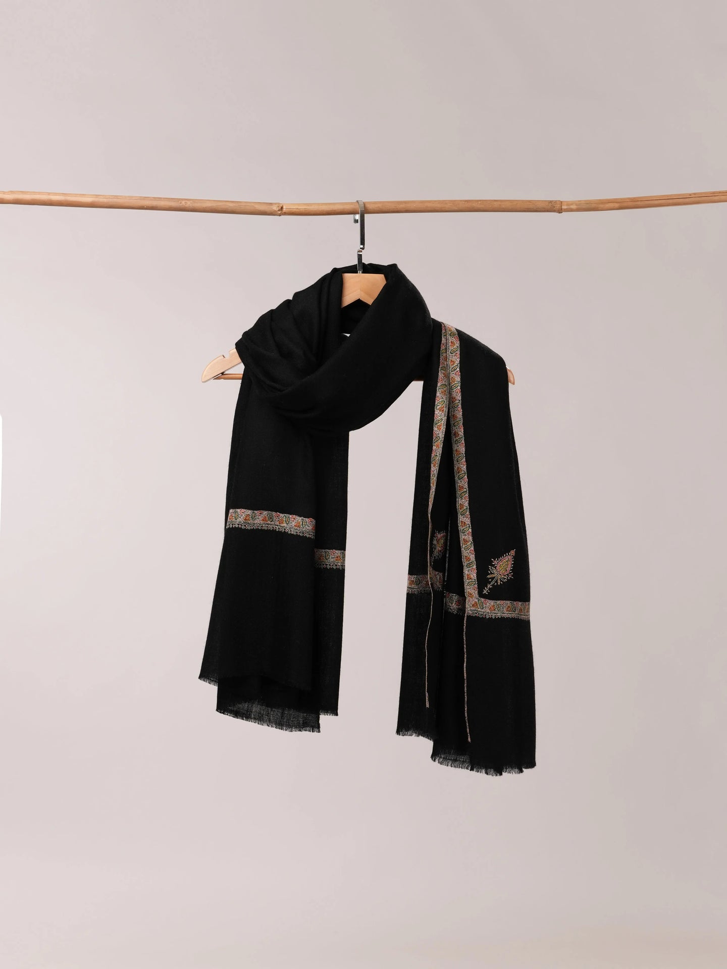 Black Pashmina Shawl with Hashia Hand Embroidery Shahkaar.com
