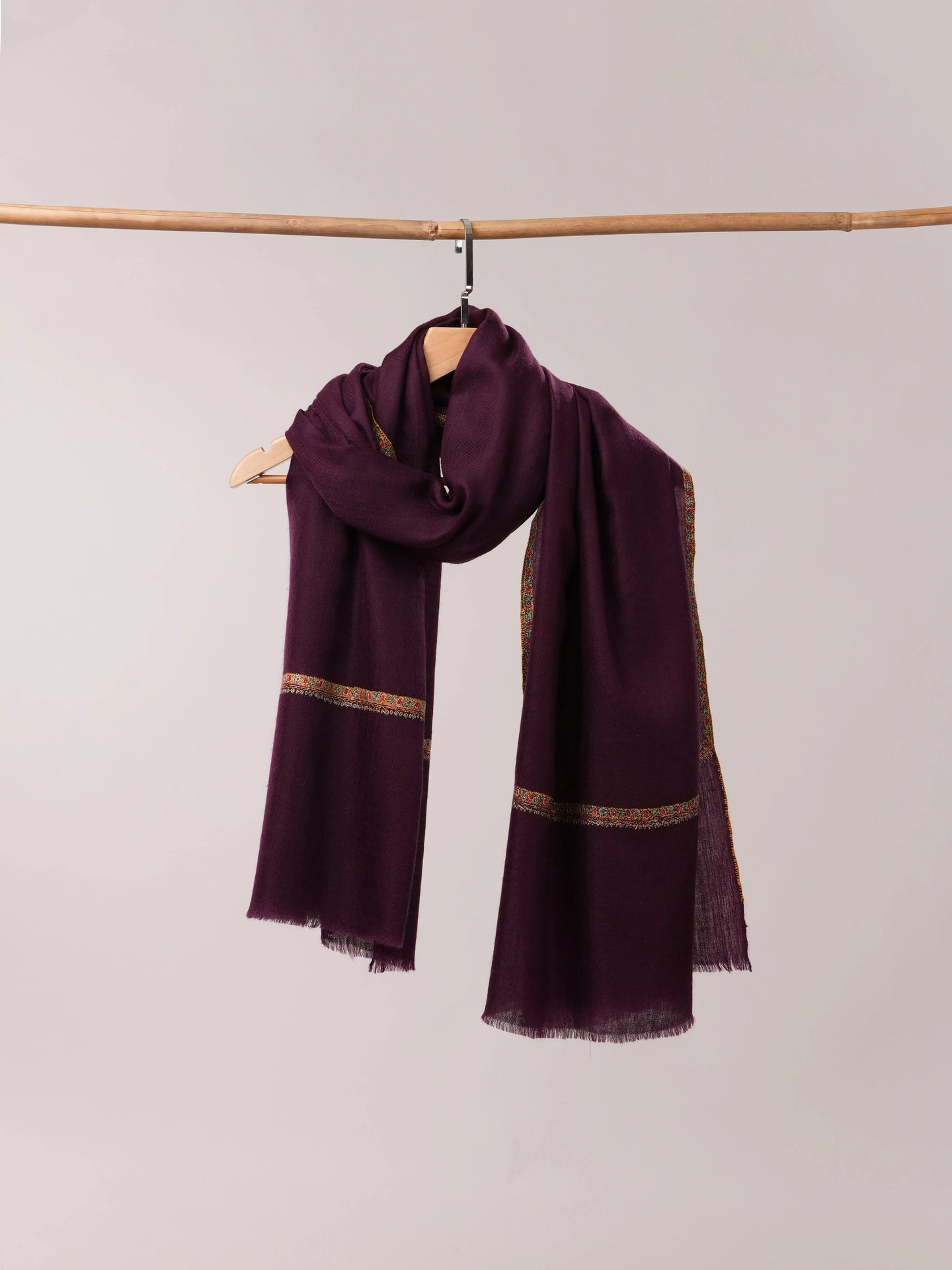 Plum Handwoven Pashmina Shawl with Detailed Hand Embroidery Shahkaar.com