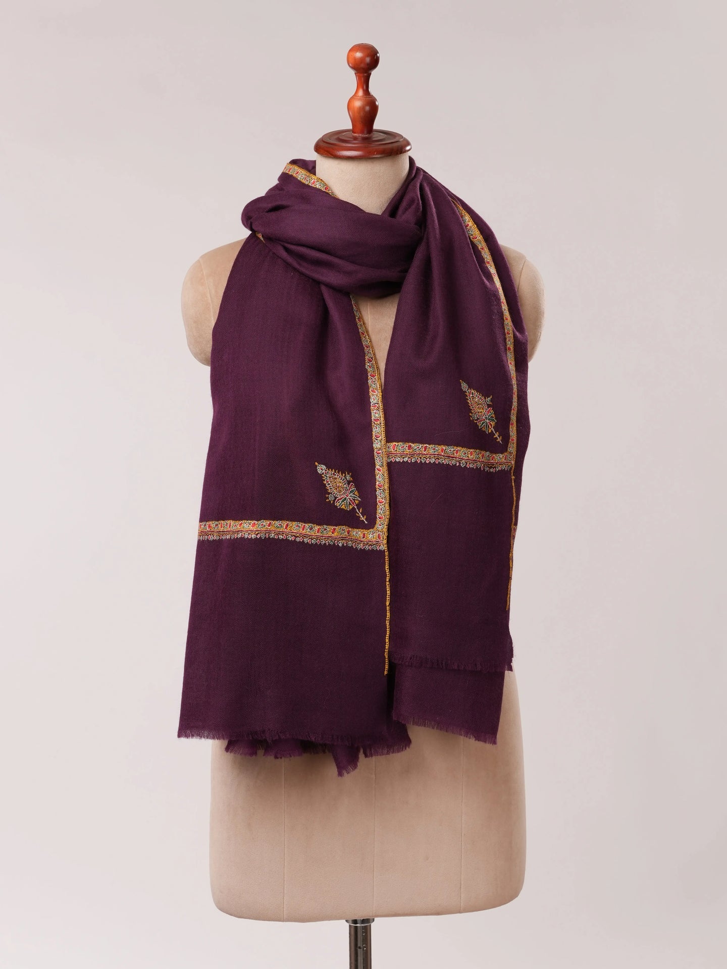 Plum Handwoven Pashmina Shawl with Detailed Hand Embroidery Shahkaar.com