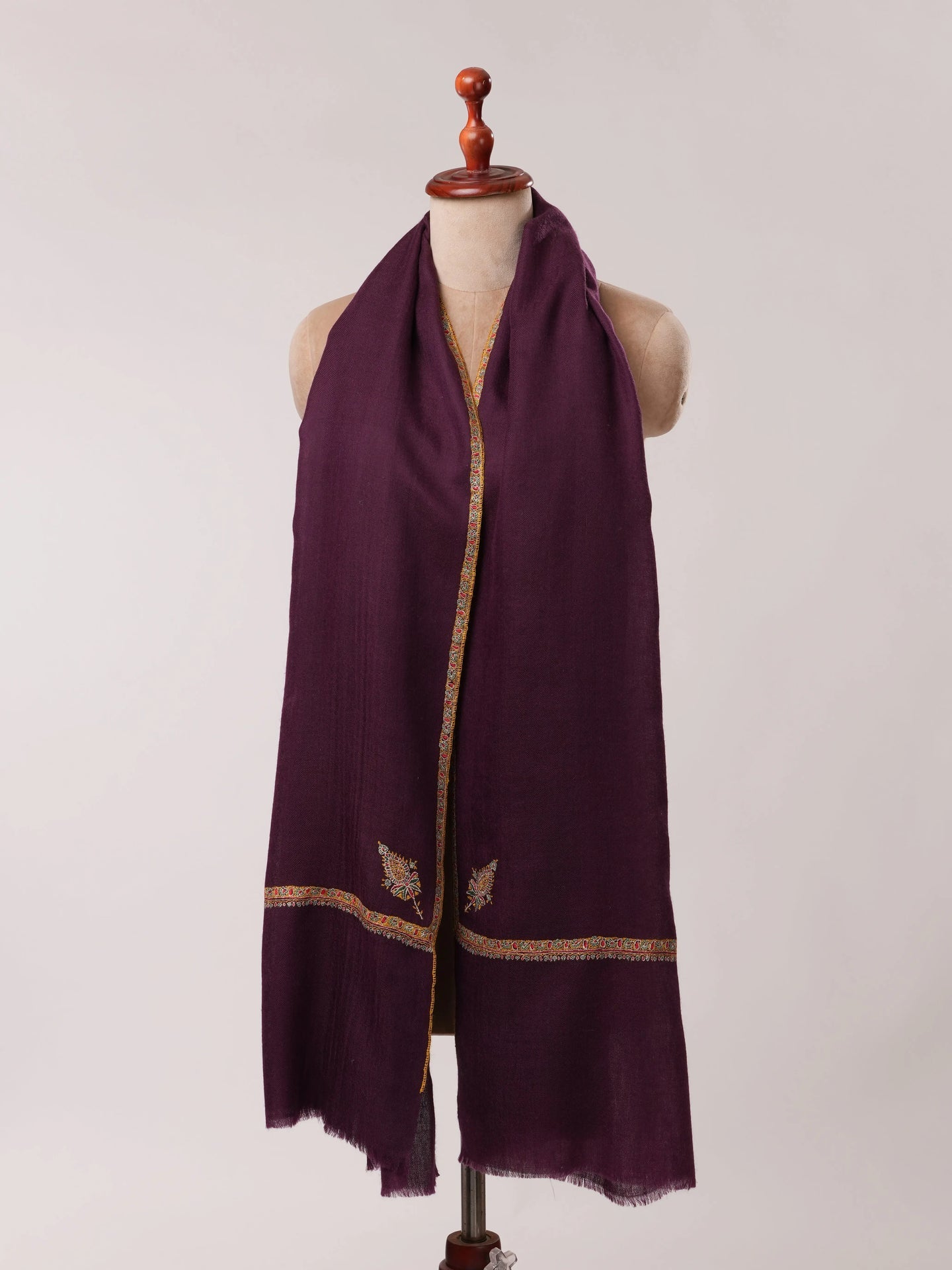 Plum Handwoven Pashmina Shawl with Detailed Hand Embroidery Shahkaar.com