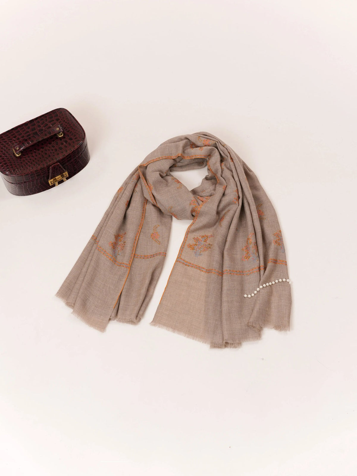 Natural Taupe Baby Soft Pashmina Shawl with Sozni Buteh Embroidery Shahkaar.com